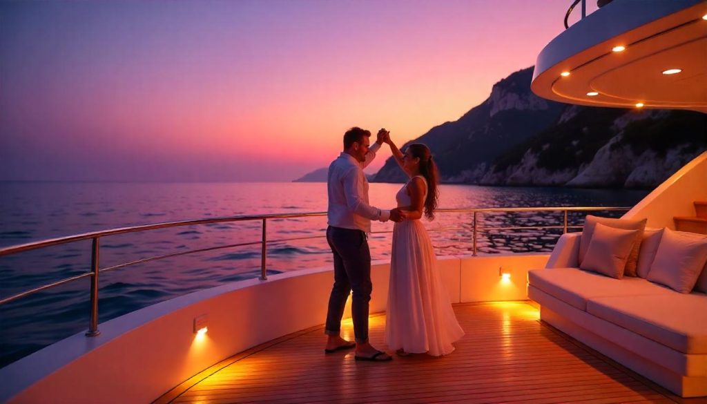 Couple dancing during yacht surprise party planning in Mediterranean.